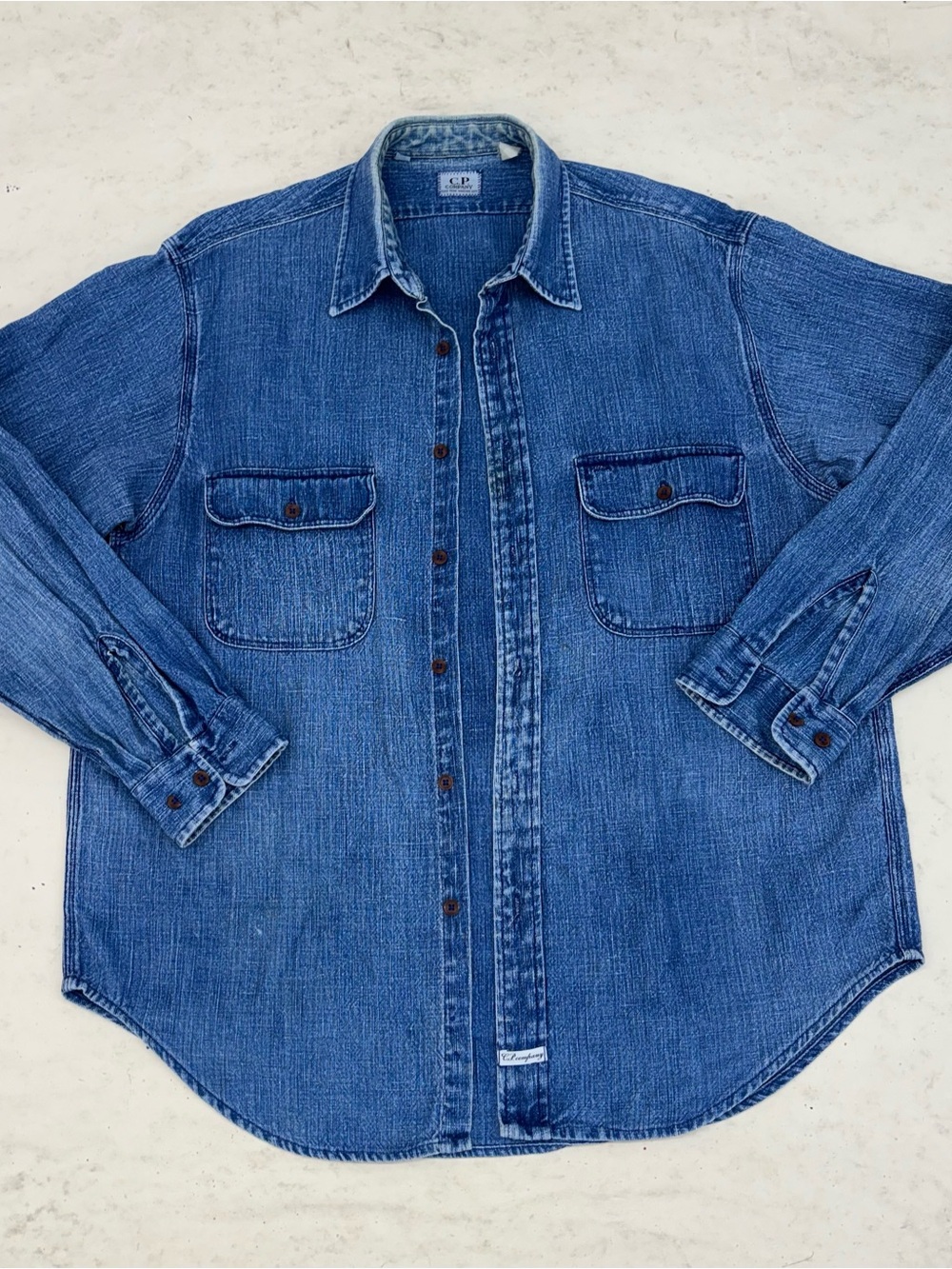 Vintage CP Company 90’s Linen Indigo Dyed Denim Button-Up Shirt men’s size Large